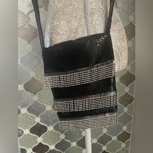 WHITING & DAVIS Black Metal Mesh Crystal  Fringe Encrusted CrossBody Evening Bag